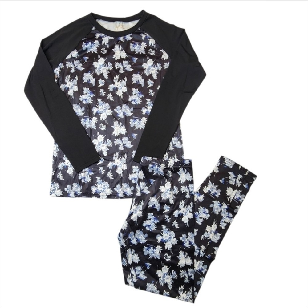 Mancyfit Womens Loungewear Set Long Sleeve Floral Navy Polyester Size S